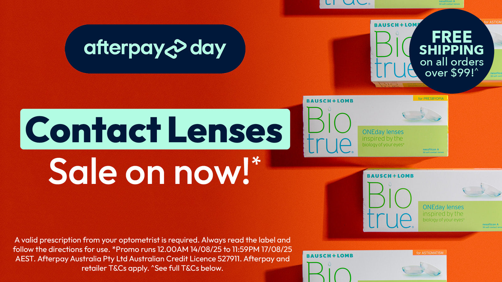 Afterpay Day contact lens sale on now plus free shipping on orders over $99+